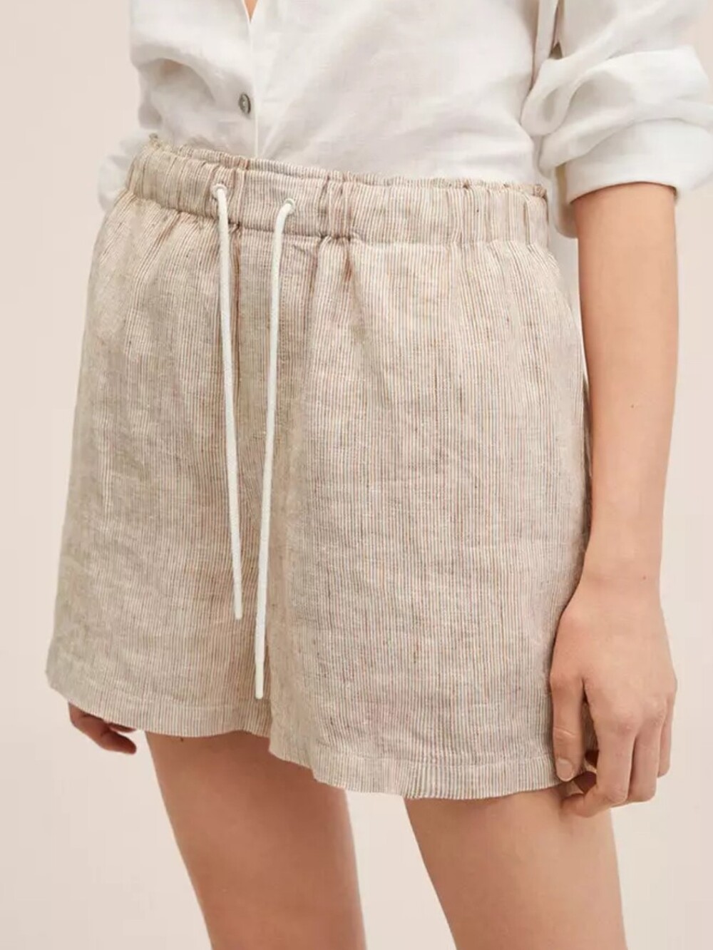 Mango 100% Linen Shorts Drawstring Stripe Sand Size Small